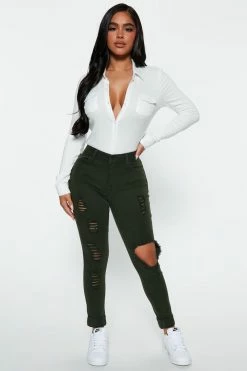 Fashion Nova Skinny Jeans Petite Glistening Jeans - Olive