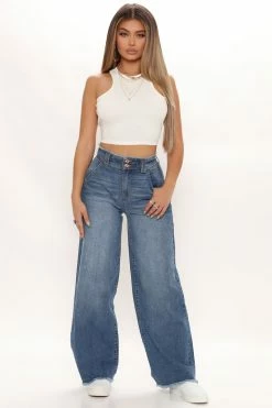 Fashion Nova Feel That Beat Baggy Wide Leg Jeans - Medium Blue Wash