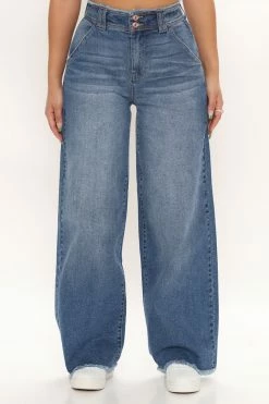 Fashion Nova Feel That Beat Baggy Wide Leg Jeans - Medium Blue Wash
