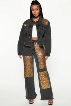 Fashion Nova Floral Brocade Wide Leg Jeans - Black Baggy Jeans