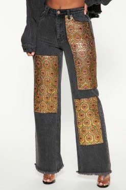 Fashion Nova Floral Brocade Wide Leg Jeans - Black Baggy Jeans
