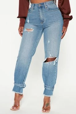 Fashion Nova Tied To You Straight Leg Jeans - Medium Blue Wash