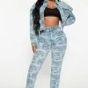 Fashion Nova Say Less Printed Graffiti Straight Leg Jeans - Medium Blue Wash