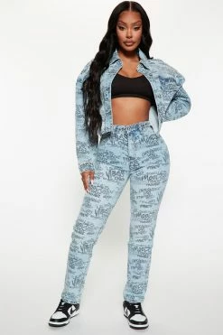Fashion Nova Say Less Printed Graffiti Straight Leg Jeans - Medium Blue Wash