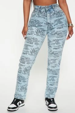Fashion Nova Say Less Printed Graffiti Straight Leg Jeans - Medium Blue Wash