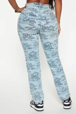 Fashion Nova Say Less Printed Graffiti Straight Leg Jeans - Medium Blue Wash
