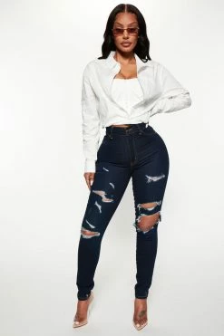 Fashion Nova Flex Game Strong Distressed High Rise Skinny Jeans - Dark Wash