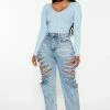Fashion Nova Go All Out Shredded Straight Leg Jean - Medium Blue Wash Straight Leg Jeans