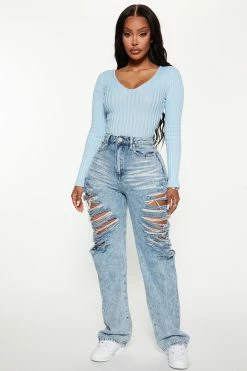 Fashion Nova Go All Out Shredded Straight Leg Jean - Medium Blue Wash Straight Leg Jeans