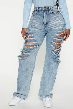Fashion Nova Go All Out Shredded Straight Leg Jean - Medium Blue Wash Straight Leg Jeans
