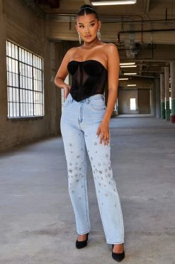 Fashion Nova When Stars Align Embellished Straight Leg Jeans - Light Wash