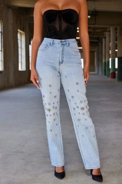Fashion Nova When Stars Align Embellished Straight Leg Jeans - Light Wash