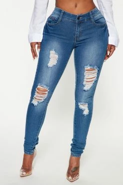 Fashion Nova Skinny Jeans Too Much Booty Low Rise Jeans - Medium Blue Wash