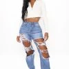 Fashion Nova Keep On Dancing Distressed Boyfriend Jeans - Medium Blue Wash