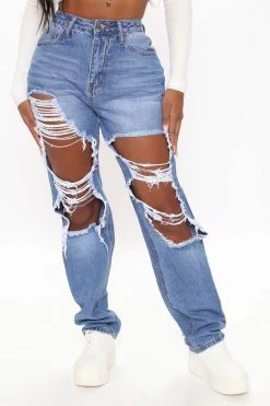 Fashion Nova Keep On Dancing Distressed Boyfriend Jeans - Medium Blue Wash