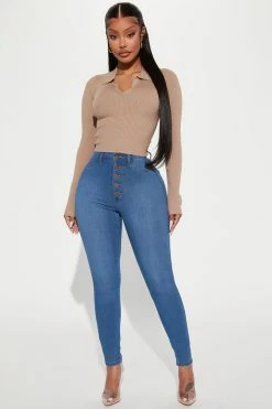 Fashion Nova Classic Button Up Skinny Jeans - Medium Blue Wash