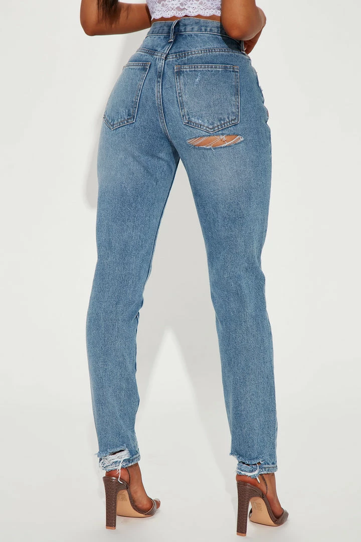 Fashion Nova Booty Slit Non Stretch Slim Mom Jeans - Medium Blue Wash