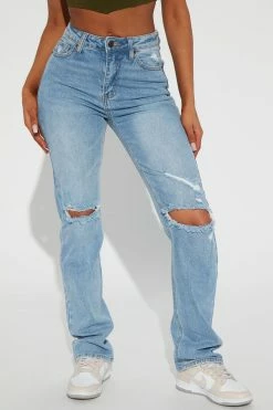 Fashion Nova Daredevil Ripped Straight Leg Jeans - Light Blue Wash