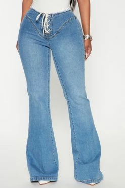 Fashion Nova Full Moon Lace Up Flare Jeans - Medium Blue Wash