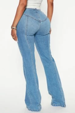 Fashion Nova Full Moon Lace Up Flare Jeans - Medium Blue Wash