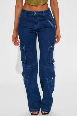 Fashion Nova Baggy Jeans Winding Road '90s Mid Rise Cargo Utility Jeans - Dark Wash