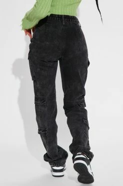 Fashion Nova Make A Night Of It Mid Rise Cargo Straight Leg Jeans - Black Wash