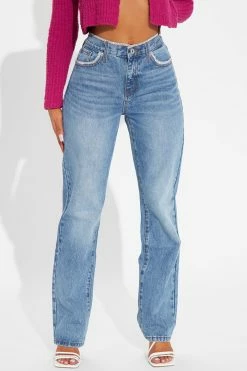 Fashion Nova Drippin' Embellished Straight Leg Jeans - Medium Wash