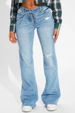 Fashion Nova Lily Lace Up Stretch Flare Jeans - Light Wash
