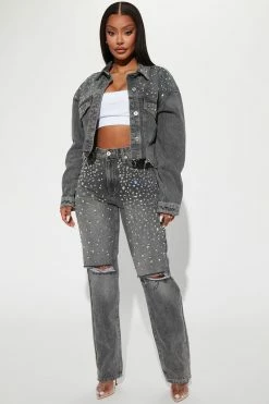 Fashion Nova Razzle Dazzle Embellished Straight Leg Jeans - Grey