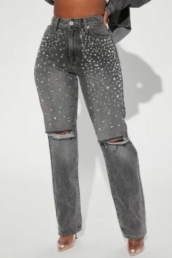 Fashion Nova Razzle Dazzle Embellished Straight Leg Jeans - Grey