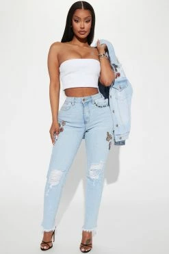 Fashion Nova She's So Cutesy Embellished Mom Jeans - Light Blue Wash