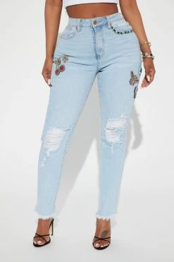 Fashion Nova She's So Cutesy Embellished Mom Jeans - Light Blue Wash