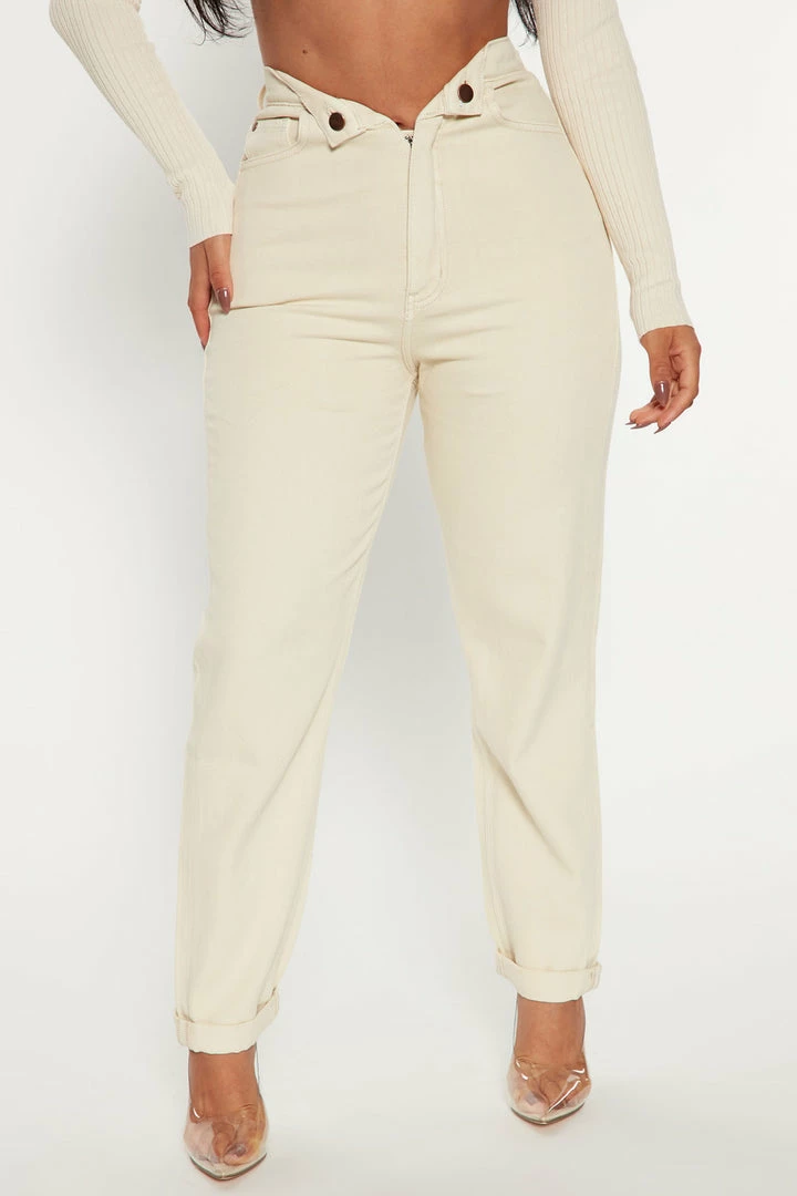 Fashion Nova Frankie Fold Over Mom Jeans - Cream