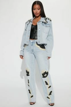 Fashion Nova Charley PU Patch Straight Leg Jeans - Light Wash