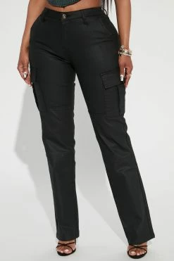 Fashion Nova Coated Denim Cargo Straight Leg Jeans - Black