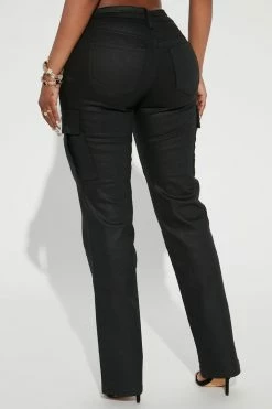 Outlet 🥰 Fashion Nova 🧥 Coated Denim Cargo Straight Leg 👖 Jeans - Black 🥰 9 Fashion Nova Coated Denim Cargo Straight Leg Jeans - Black
