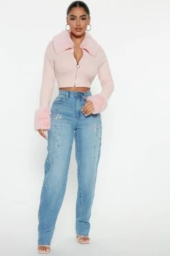 Fashion Nova Supernova Embellished Straight Leg Jeans - Medium Blue Wash