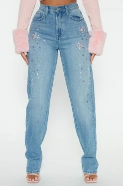 Fashion Nova Supernova Embellished Straight Leg Jeans - Medium Blue Wash