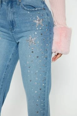 Fashion Nova Supernova Embellished Straight Leg Jeans - Medium Blue Wash