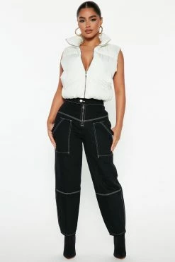 Fashion Nova Winding Down Cropped Utility Jeans - Black Baggy Jeans