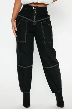 Fashion Nova Winding Down Cropped Utility Jeans - Black Baggy Jeans