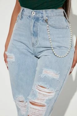 Fashion Nova Pearl Chain High Rise Straight Leg Jeans - Light Wash