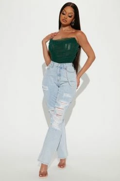 Fashion Nova Pearl Chain High Rise Straight Leg Jeans - Light Wash