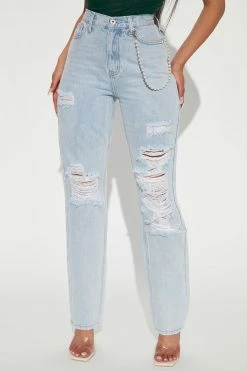 Fashion Nova Pearl Chain High Rise Straight Leg Jeans - Light Wash