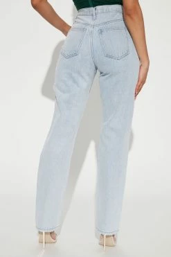 Fashion Nova Pearl Chain High Rise Straight Leg Jeans - Light Wash