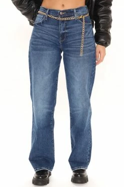 Fashion Nova Straight Leg Jeans Straight From The Block Belted High Rise Jeans - Medium Blue Wash