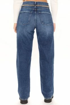 Fashion Nova Straight Leg Jeans Straight From The Block Belted High Rise Jeans - Medium Blue Wash