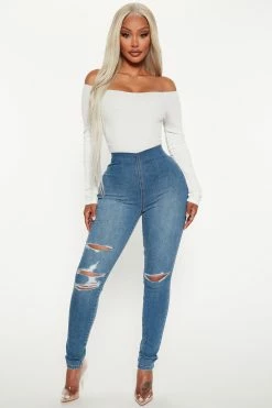 Fashion Nova Ripped No Gap Stretch Skinny Jeans - Medium Blue Wash