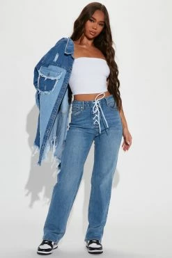 Fashion Nova Hot Shot Lace-Up High Rise Straight Leg Jeans - Medium Wash