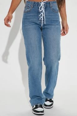 Fashion Nova Hot Shot Lace-Up High Rise Straight Leg Jeans - Medium Wash